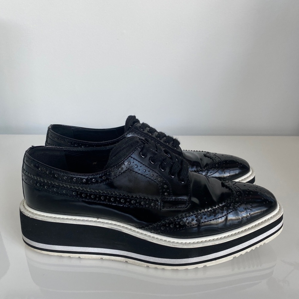 SOLD - Prada SS 2011 Black Brushed Leather Wingtip Brogues Derby Creeper 37/ - Picture 5 of 16